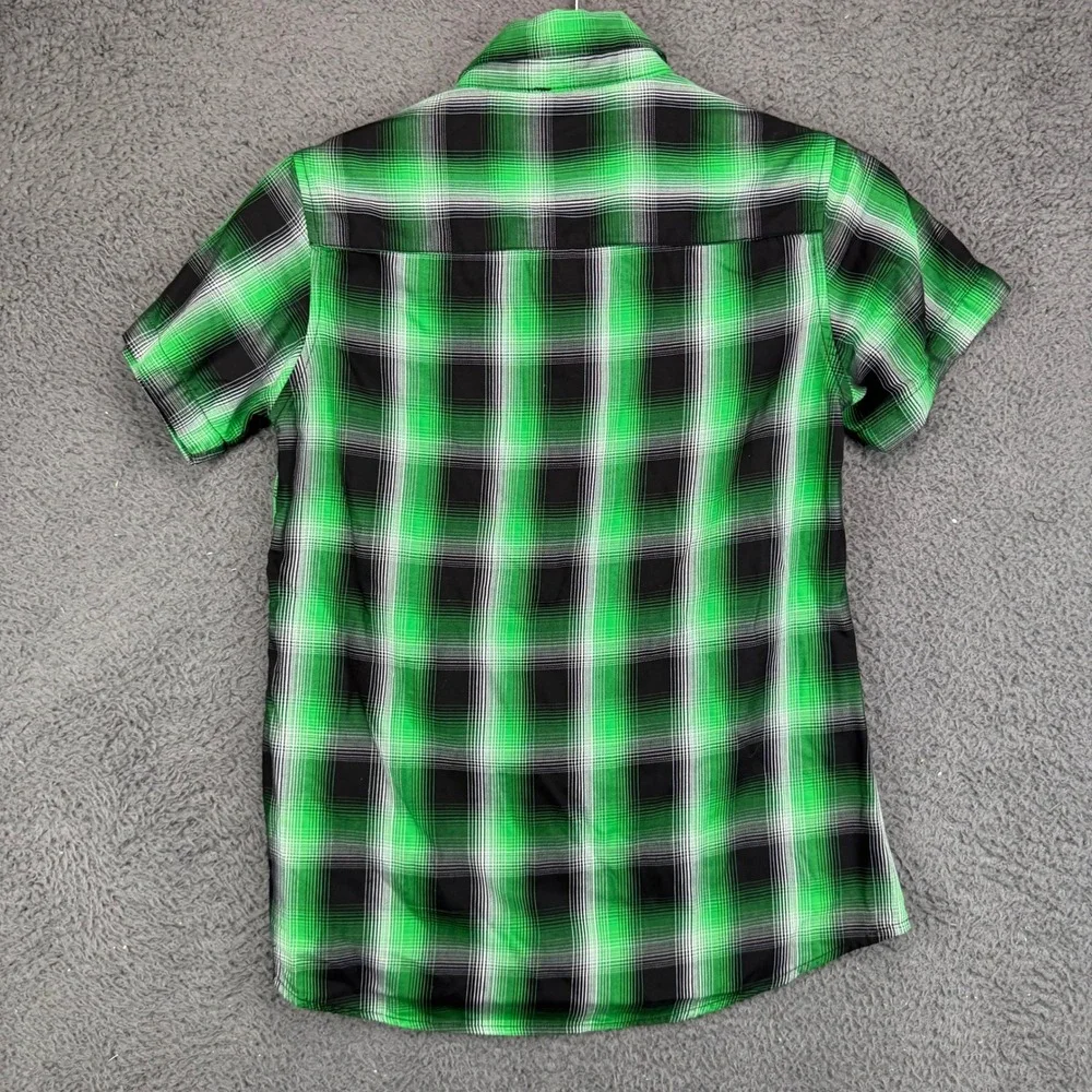 Dixxon Flannel Co OMalley Green Black Plaid Short Sleeve Kids Shirt Small S